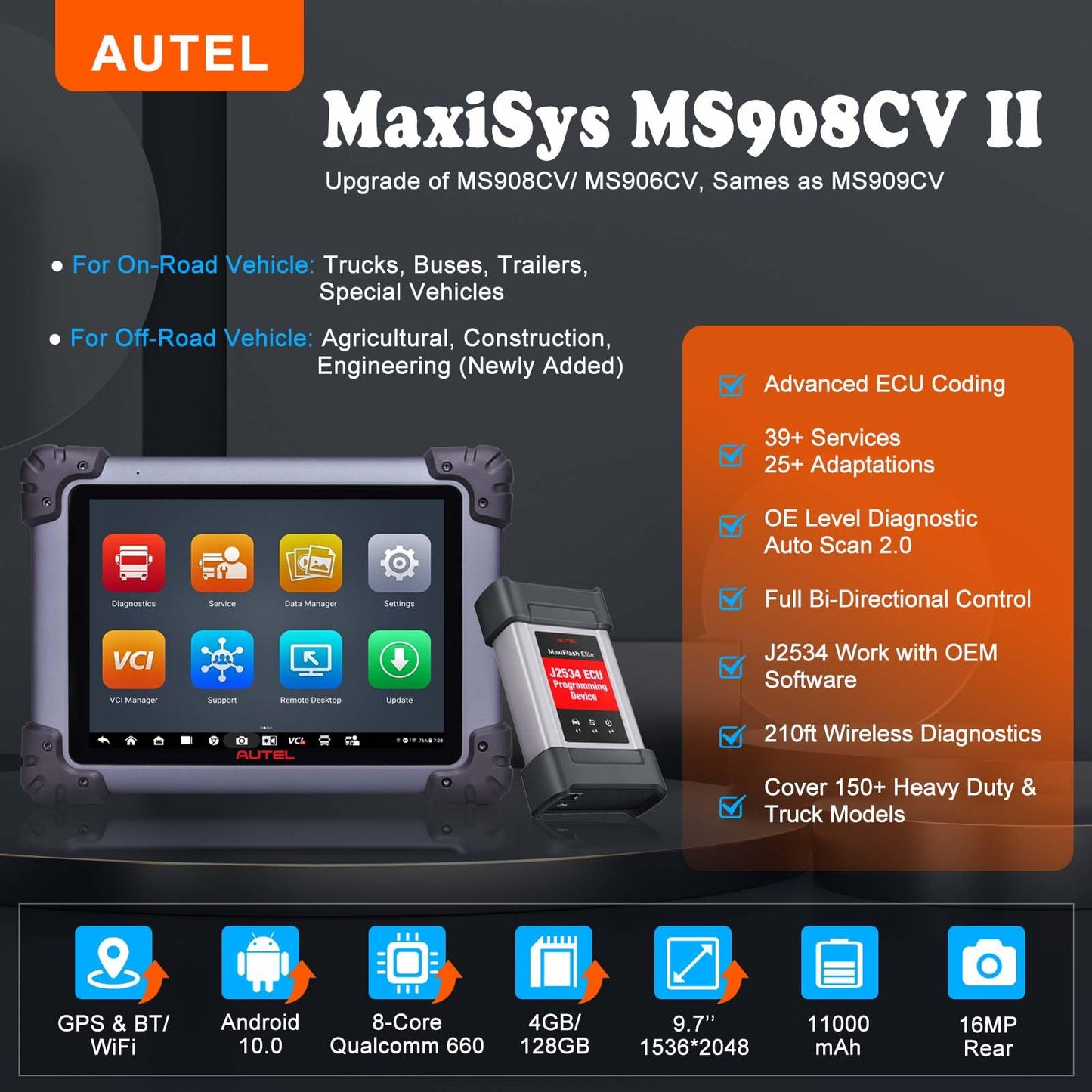 Autel MaxiSYS MS908CV II Heavy Duty Truck Scanner with ECU Coding & 64 Services