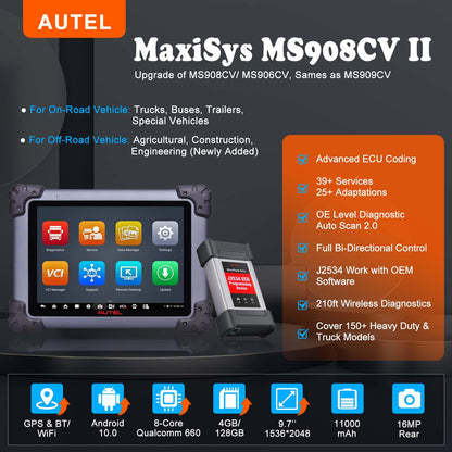 Autel MaxiSYS MS908CV II Heavy Duty Truck Scanner with ECU Coding & 64 Services