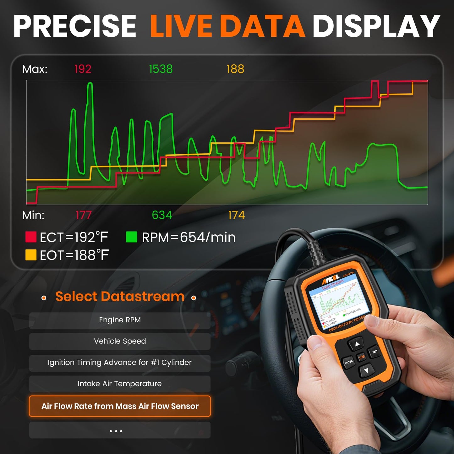 ANCEL AD410 PRO 2-in-1 OBD2 Scanner & 6V/12V Battery Tester for Cars & Motorcycles