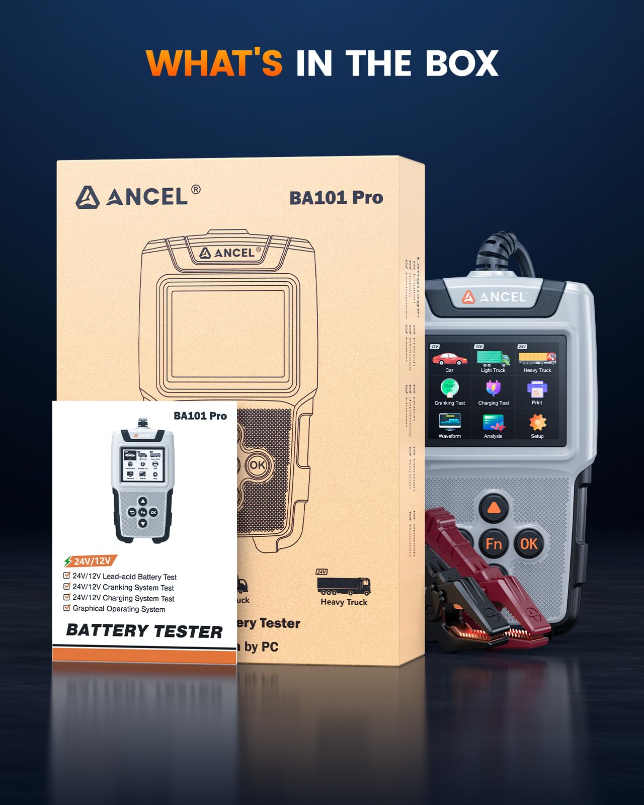 ANCEL BA101 PRO 12V & 24V Battery Tester with Color Display for Cars & Trucks