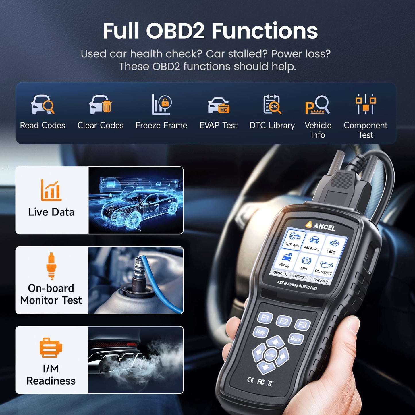 ANCEL AD610 Pro OBD2 Scanner ABS SRS EPB Oil Reset WiFi Update