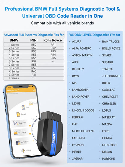 ANCEL BD300 Bluetooth OBD2 Scanner for BMW/MINI/Rolls-Royce – Full System & Battery Tool