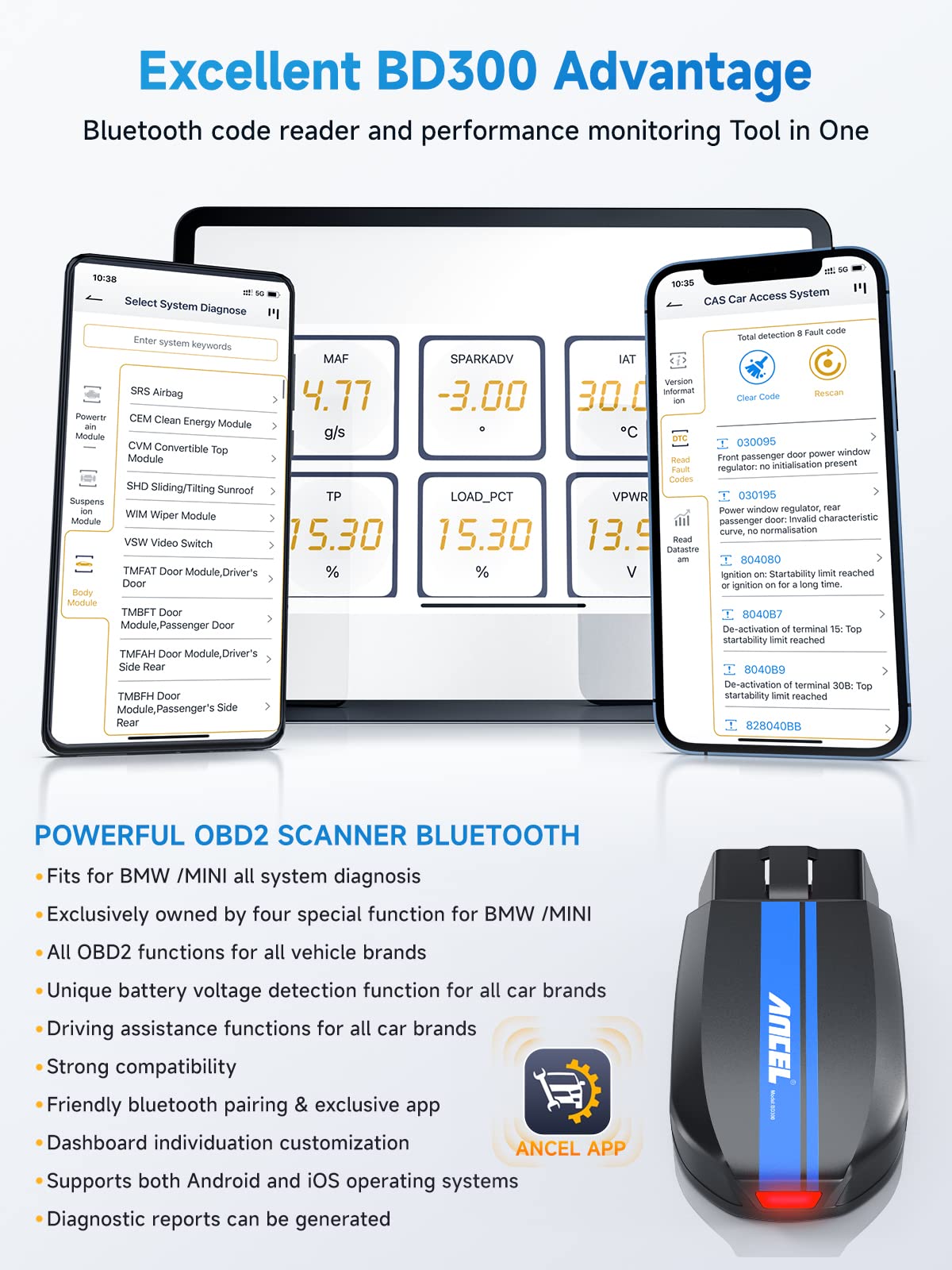 ANCEL BD300 Bluetooth OBD2 Scanner for BMW/MINI/Rolls-Royce – Full System & Battery Tool