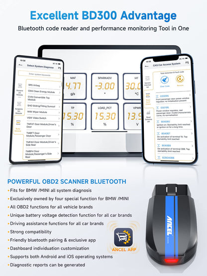ANCEL BD300 Bluetooth OBD2 Scanner for BMW/MINI/Rolls-Royce – Full System & Battery Tool