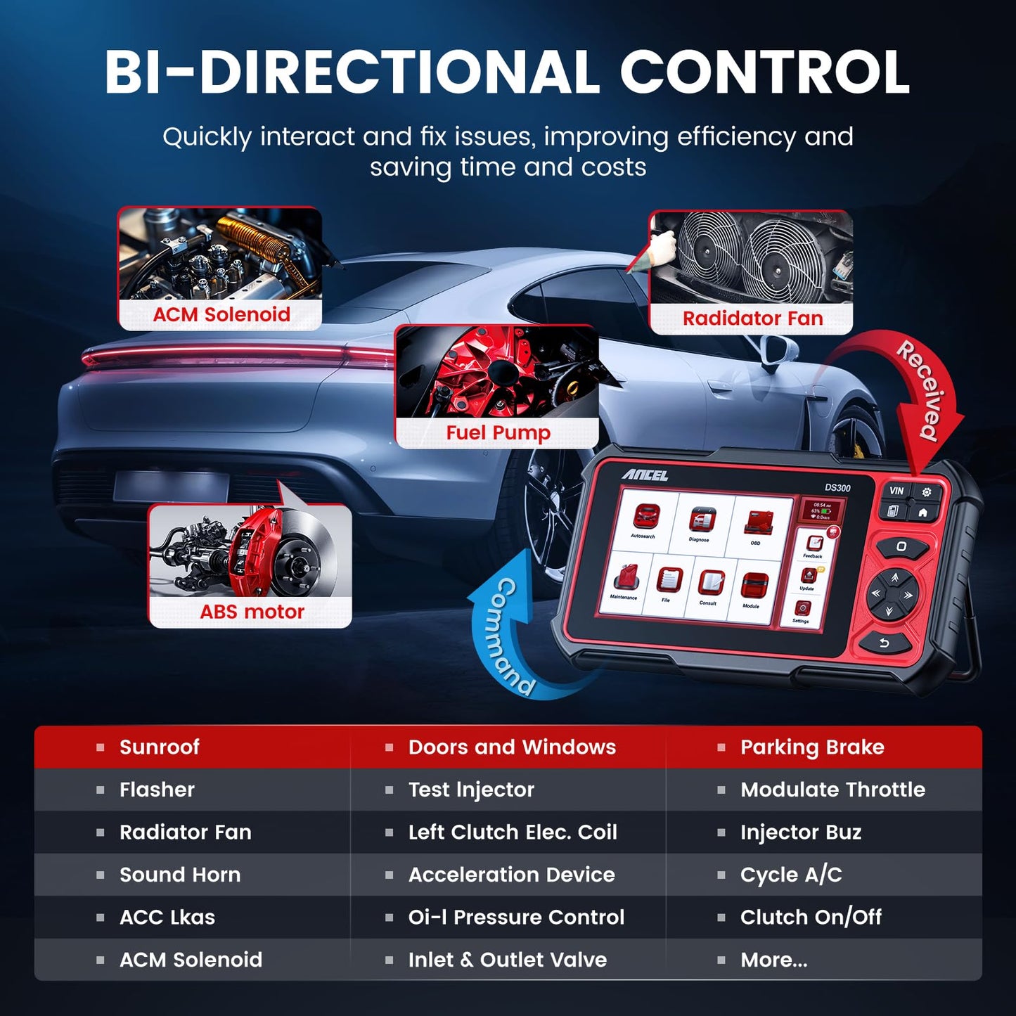 ANCEL DS300 Bi-Directional OBD2 Scanner with 30+ Resets & Full System Diagnostics