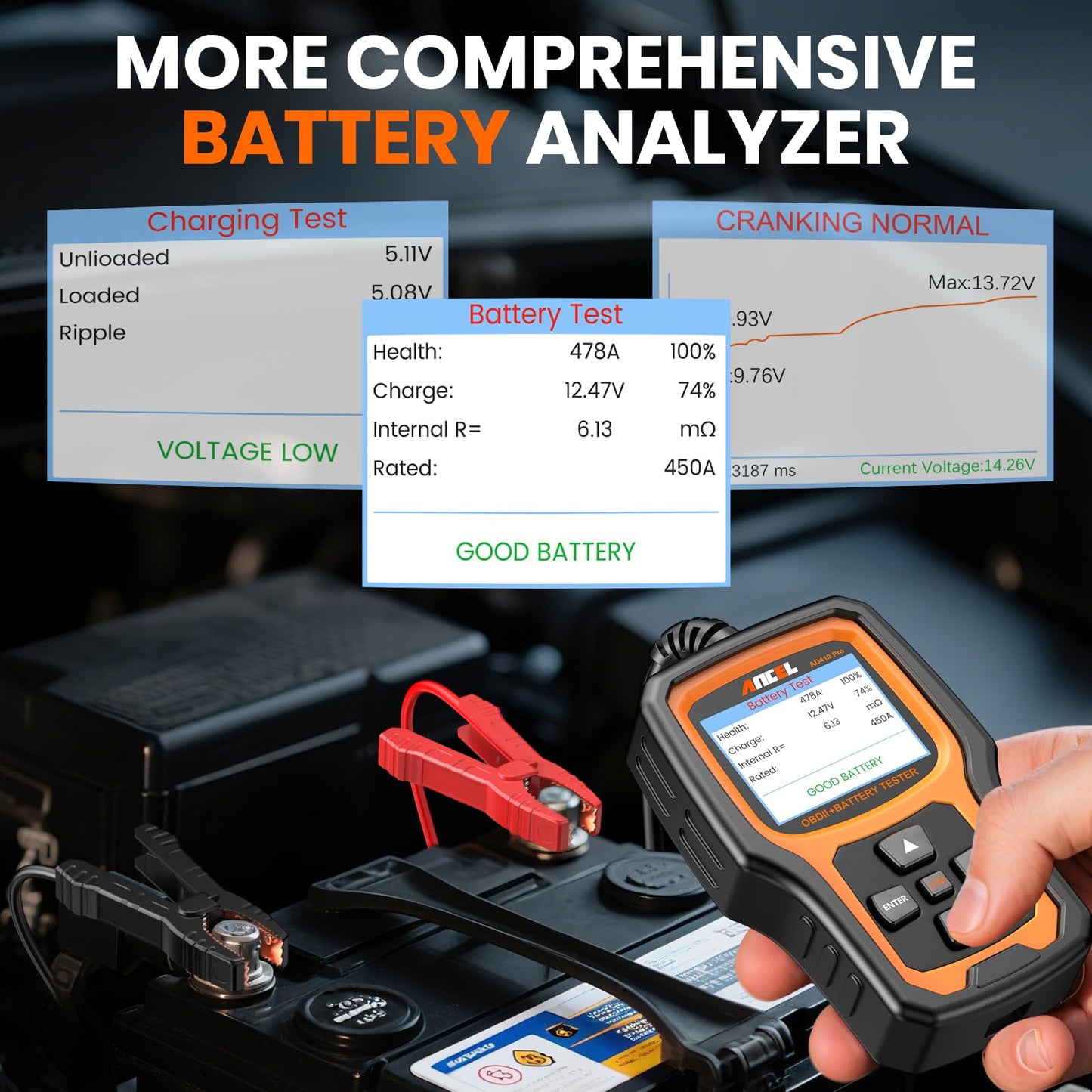 ANCEL AD410 PRO 2-in-1 OBD2 Scanner & 6V/12V Battery Tester for Cars & Motorcycles
