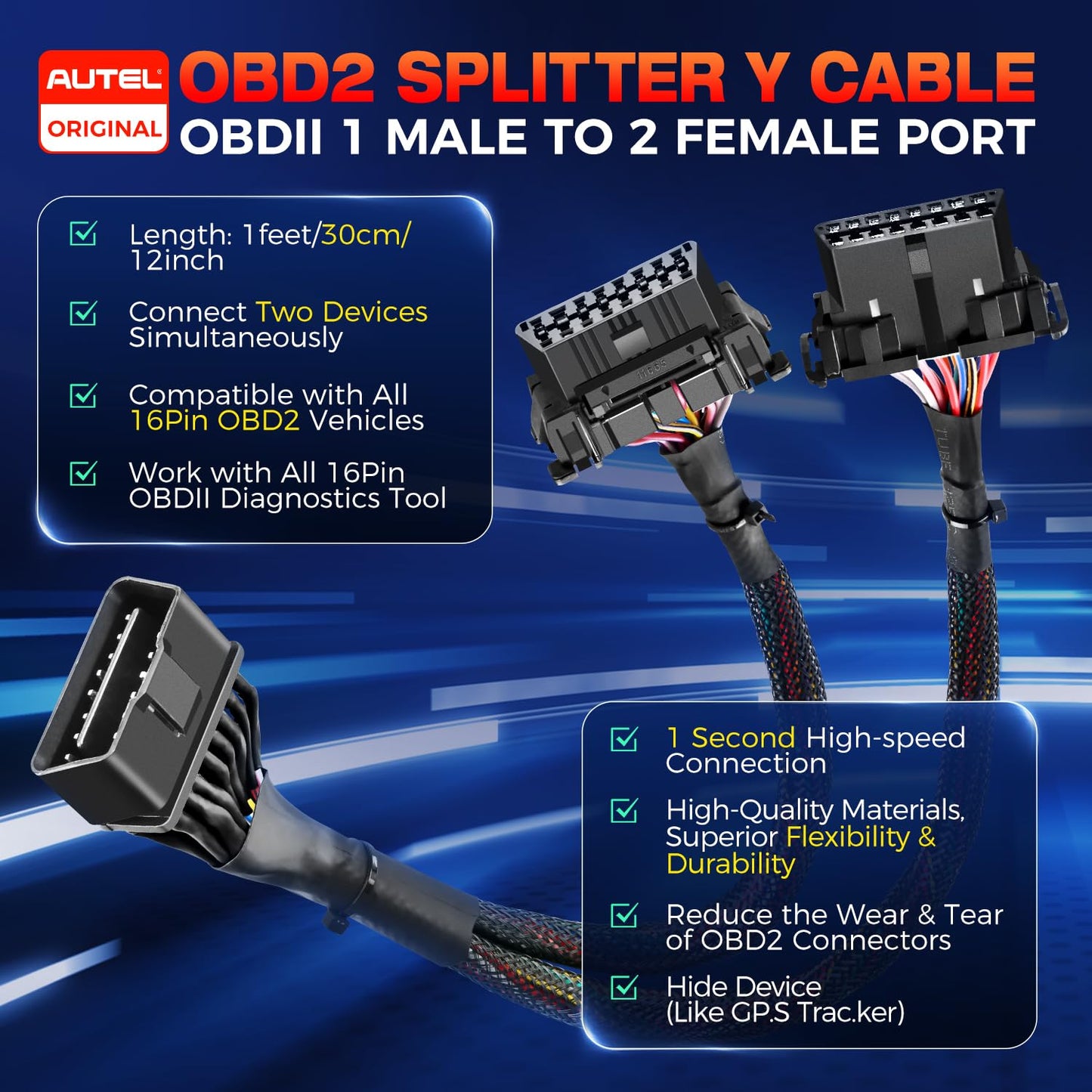 Autel 16 Pin OBD2 Y Splitter Extension Cable - Dual Port Adapter