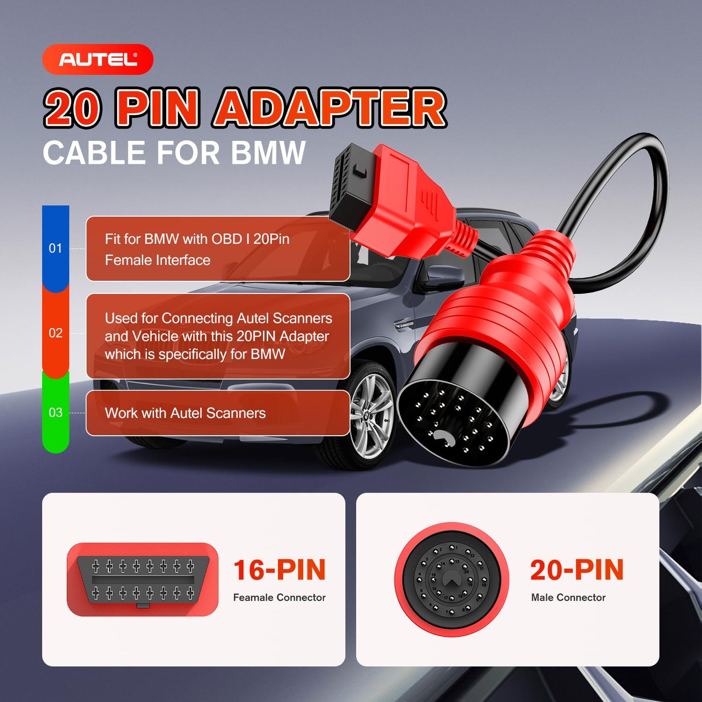 Autel 20-Pin to 16-Pin OBD2 BMW Adapter Cable – 2024