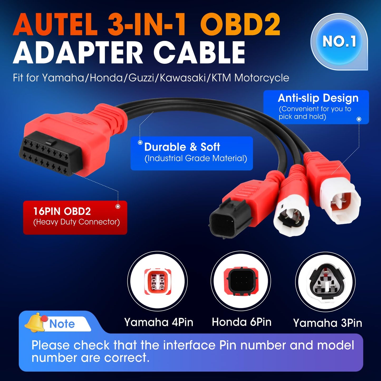 Autel 3-in-1 OBD2 to OBD1 Motorcycle Adapter Cable