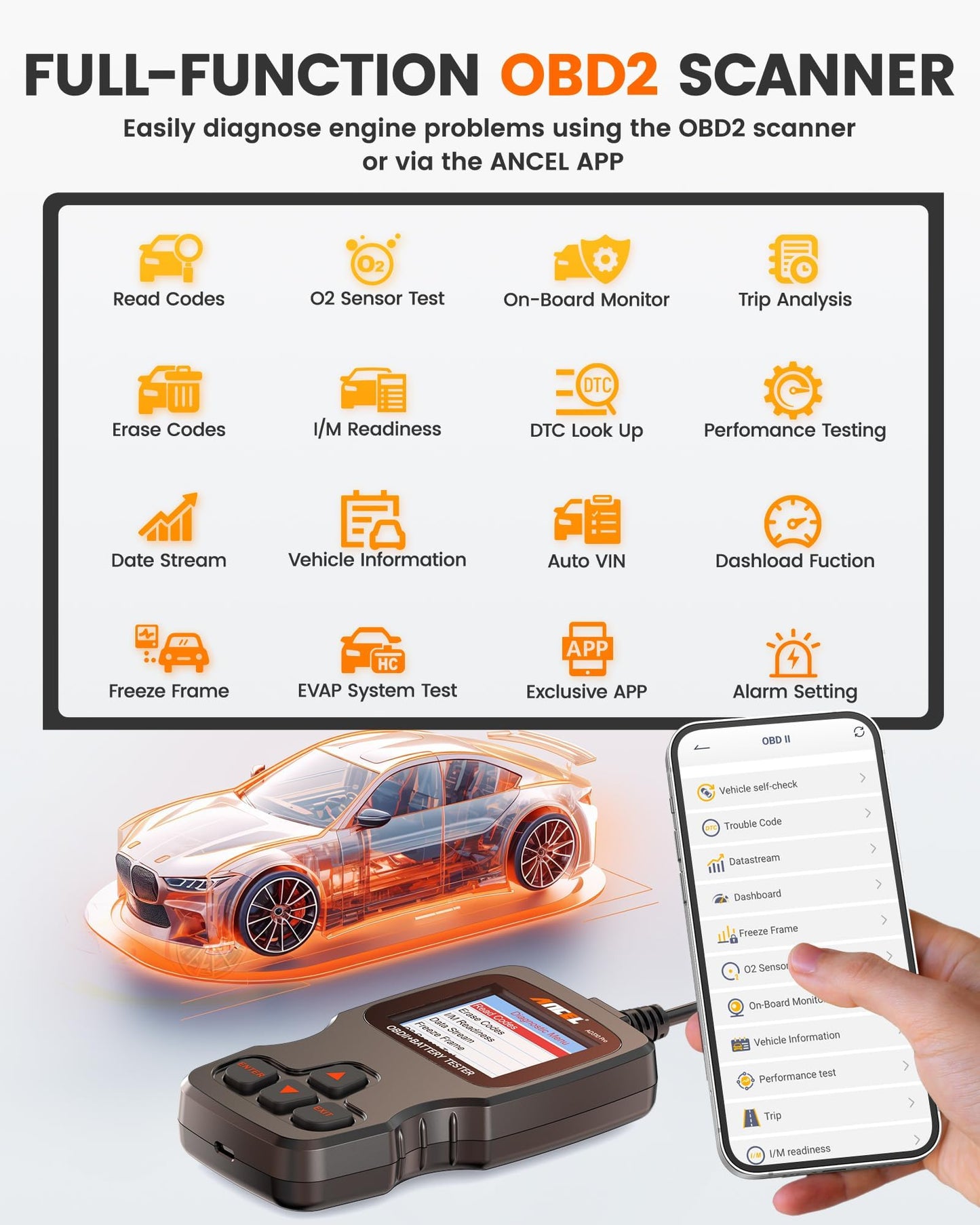 ANCEL AD310 Pro OBD2 Bluetooth Scanner & 12V/24V Car Battery Tester