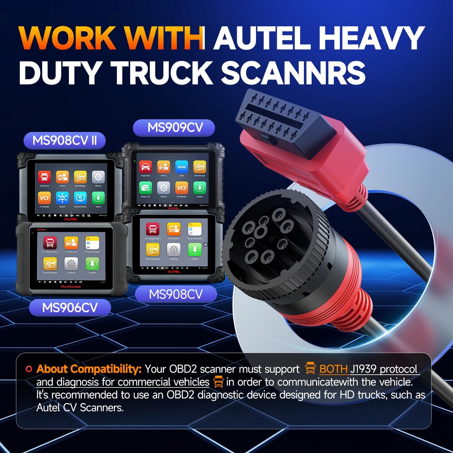 Autel J1939 to OBD2 16-Pin Adapter | 2025 Green 9-Pin Type 2 Cable