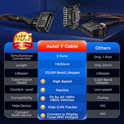 Autel 16 Pin OBD2 Y Splitter Extension Cable - Dual Port Adapter