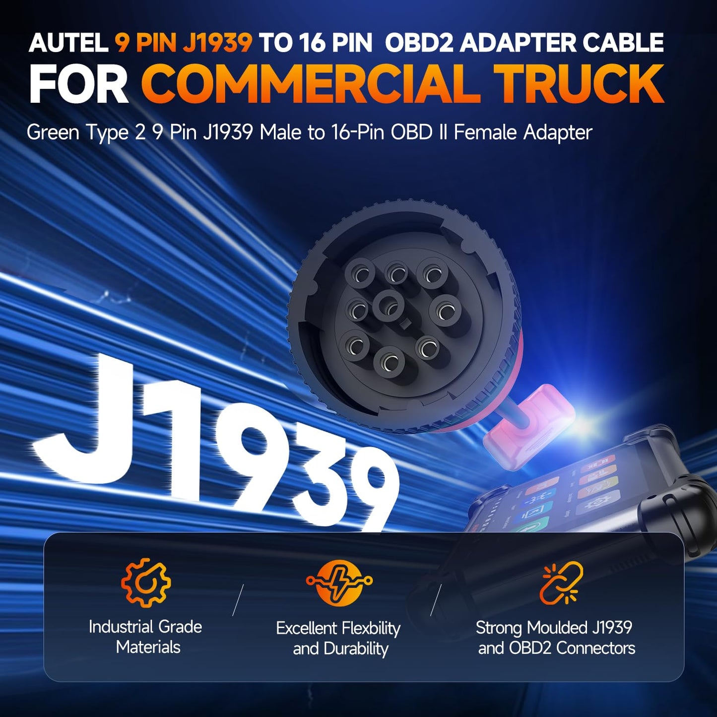 Autel J1939 to OBD2 16-Pin Adapter | 2025 Green 9-Pin Type 2 Cable