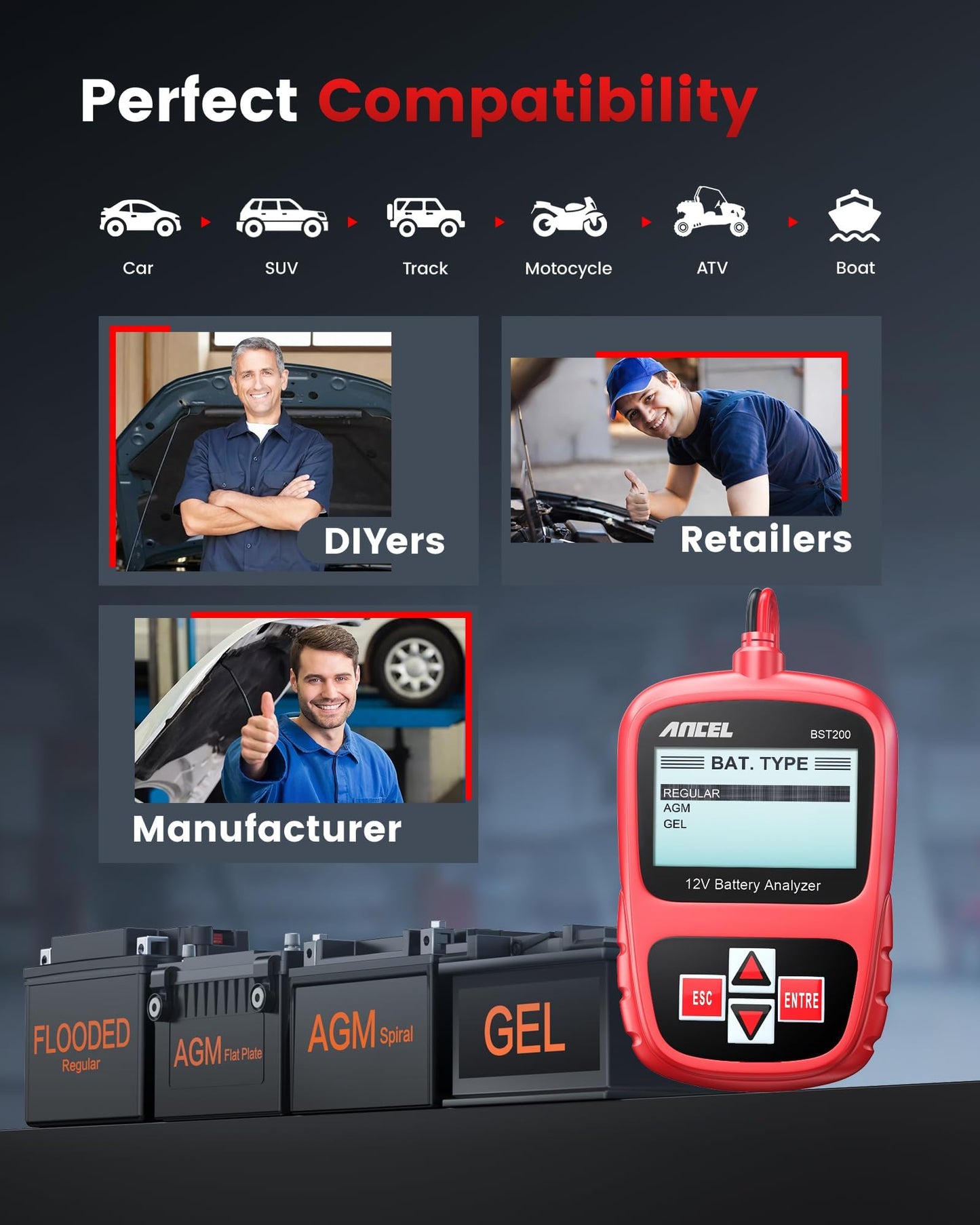 ANCEL BST200 12V Car Battery Tester for Cars, Trucks, SUVs, Boats