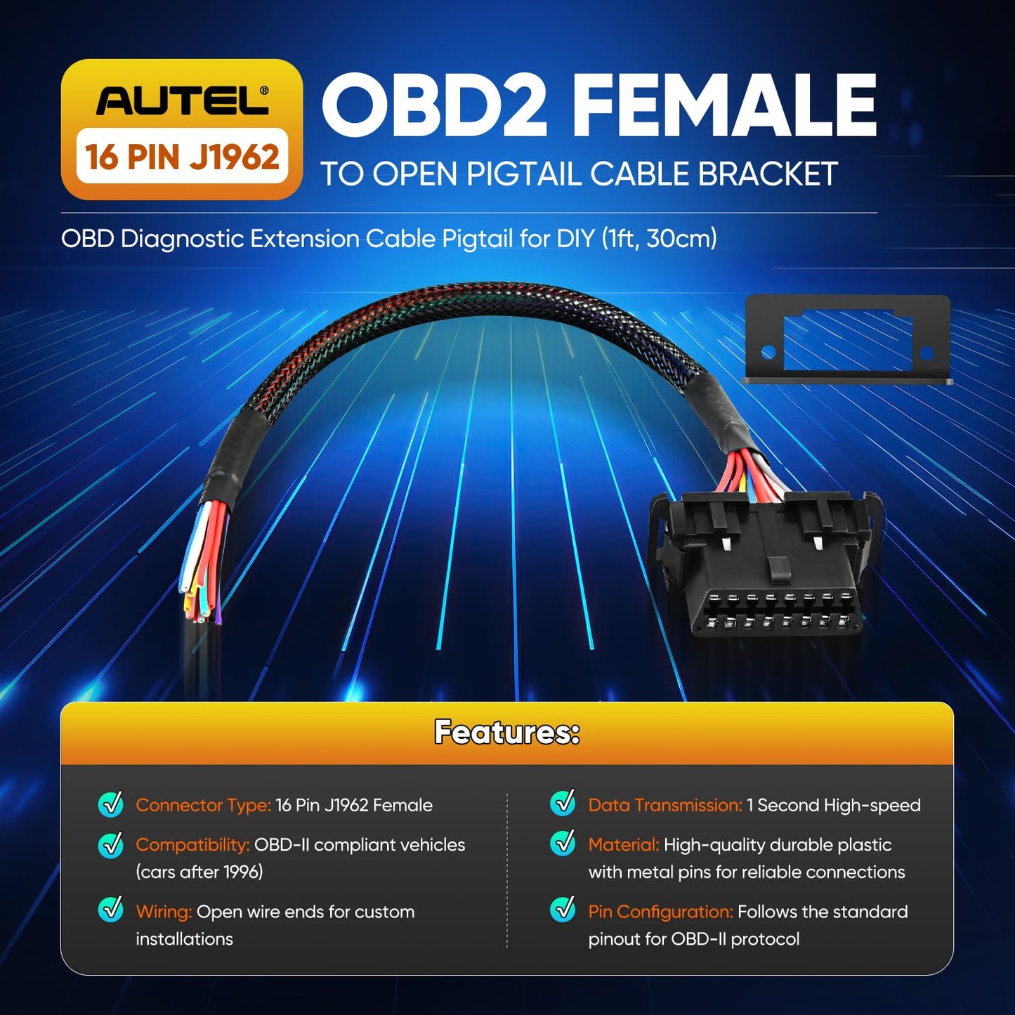 Autel OBD2 16Pin Female to Pigtail Cable with Dash Mount – 30CM