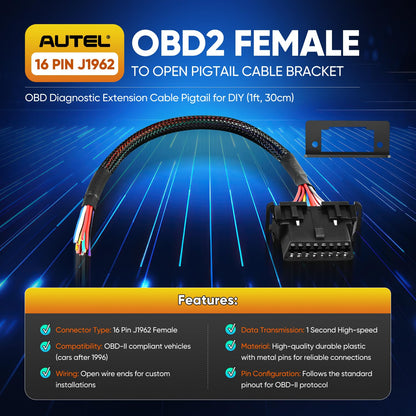 Autel OBD2 16Pin Female to Pigtail Cable with Dash Mount – 30CM
