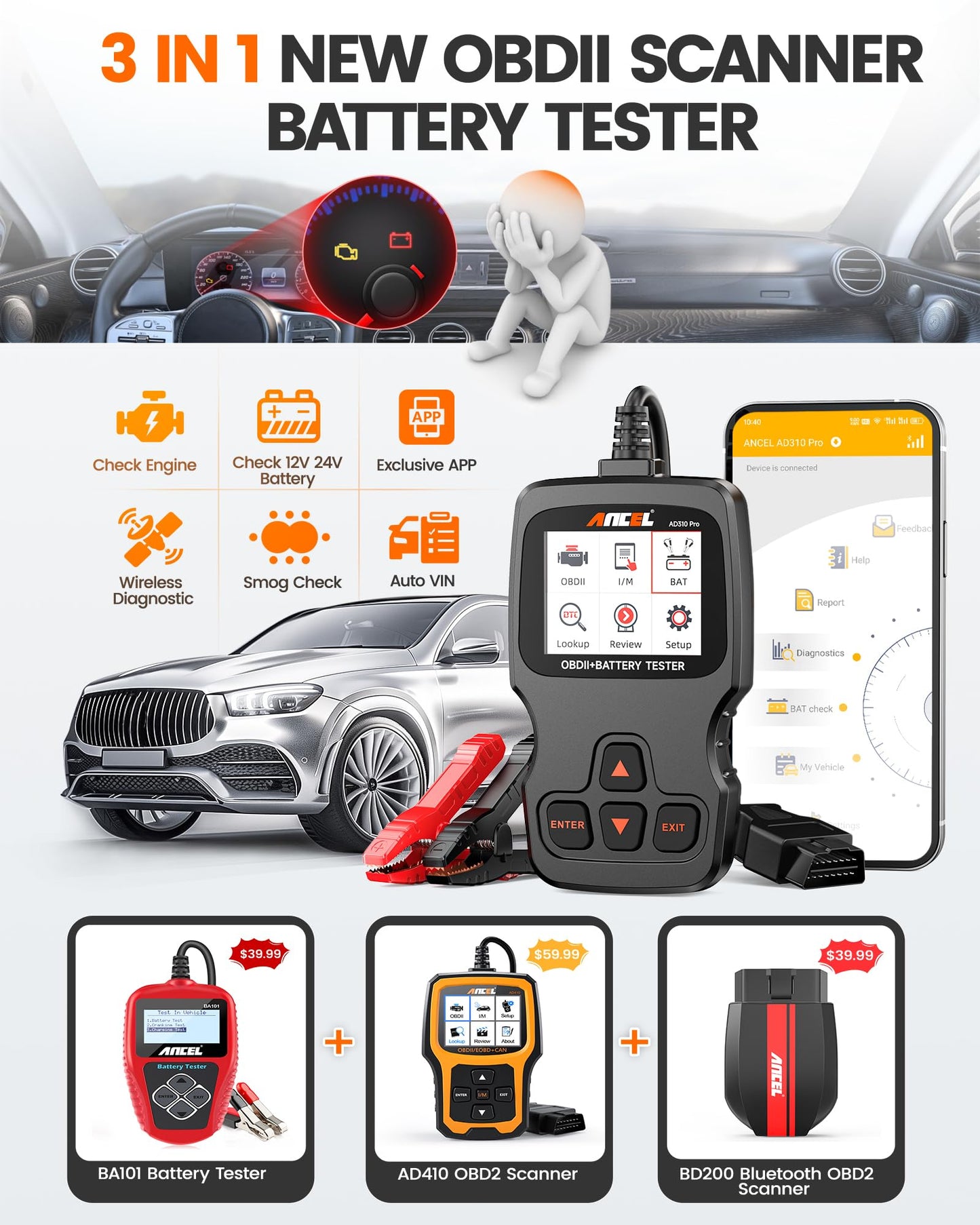 ANCEL AD310 Pro OBD2 Bluetooth Scanner & 12V/24V Car Battery Tester