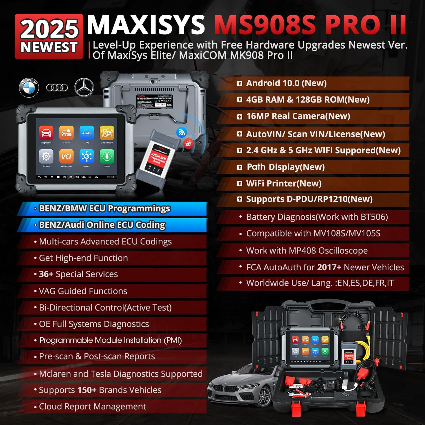 Autel MaxiSYS MS908S PRO II – 2025 Elite Scanner with J2534 ECU Programming, 4000+ Active Tests, 38+ Services, Live Data Fusion, 4/128G, Android 10