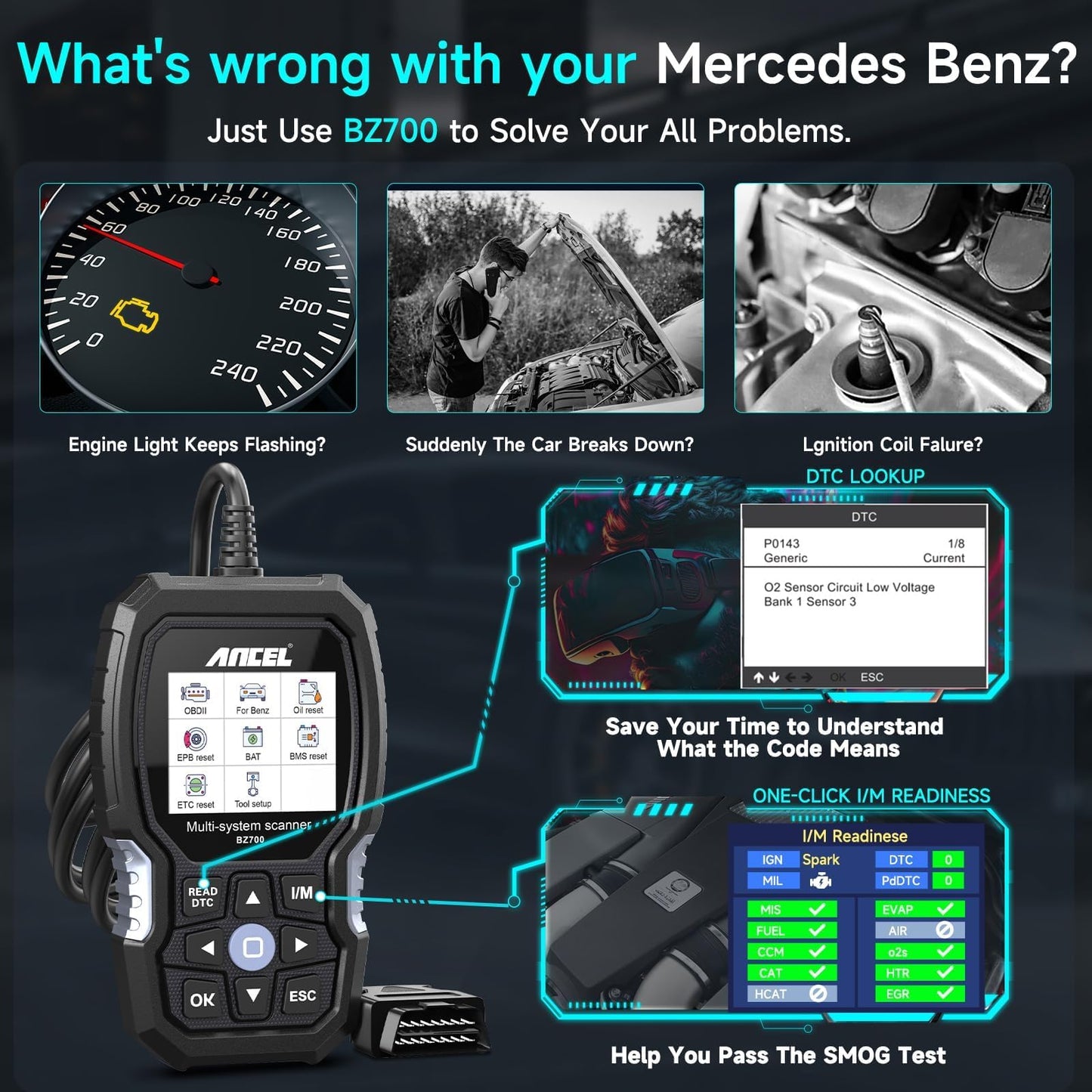 ANCEL BZ700 Mercedes OBD2 Scanner with Full System Diagnostics
