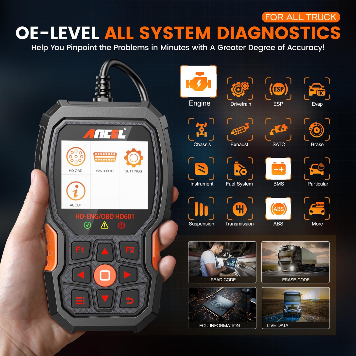 ANCEL HD601 Heavy Duty Truck Scanner for All System Diagnostics