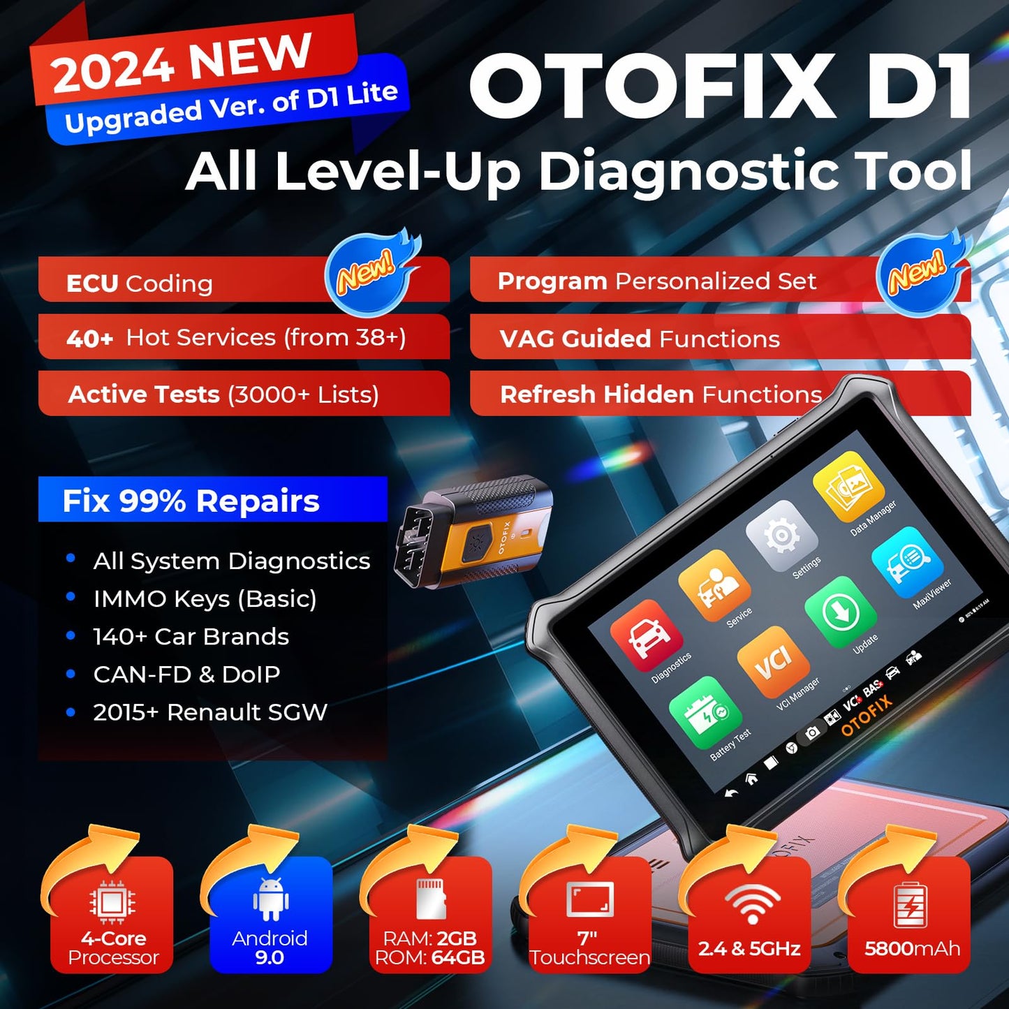 OTOFIX D1 Wireless OBD2 Scanner with Smartwatch – ECU Coding & 40+ Resets
