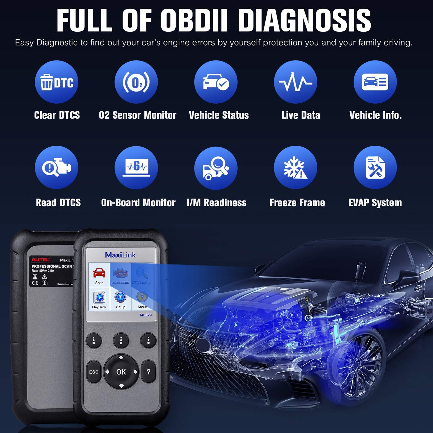 Autel MaxiLink ML629 OBD2 Scanner for ABS, SRS, Engine & Trans