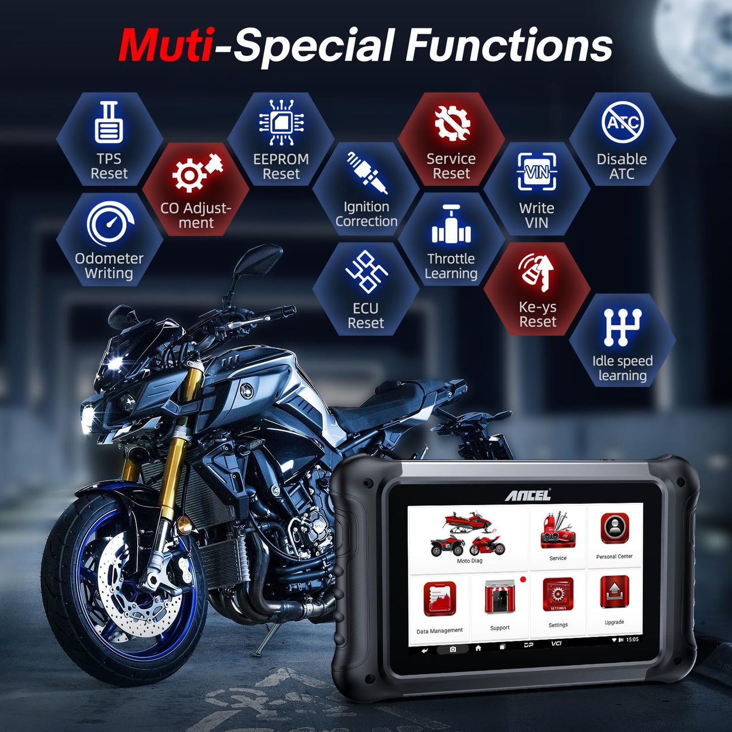 ANCEL MT700 Motorcycle OBD2 Scanner with 35+ Reset Functions & Full System Diagnostics
