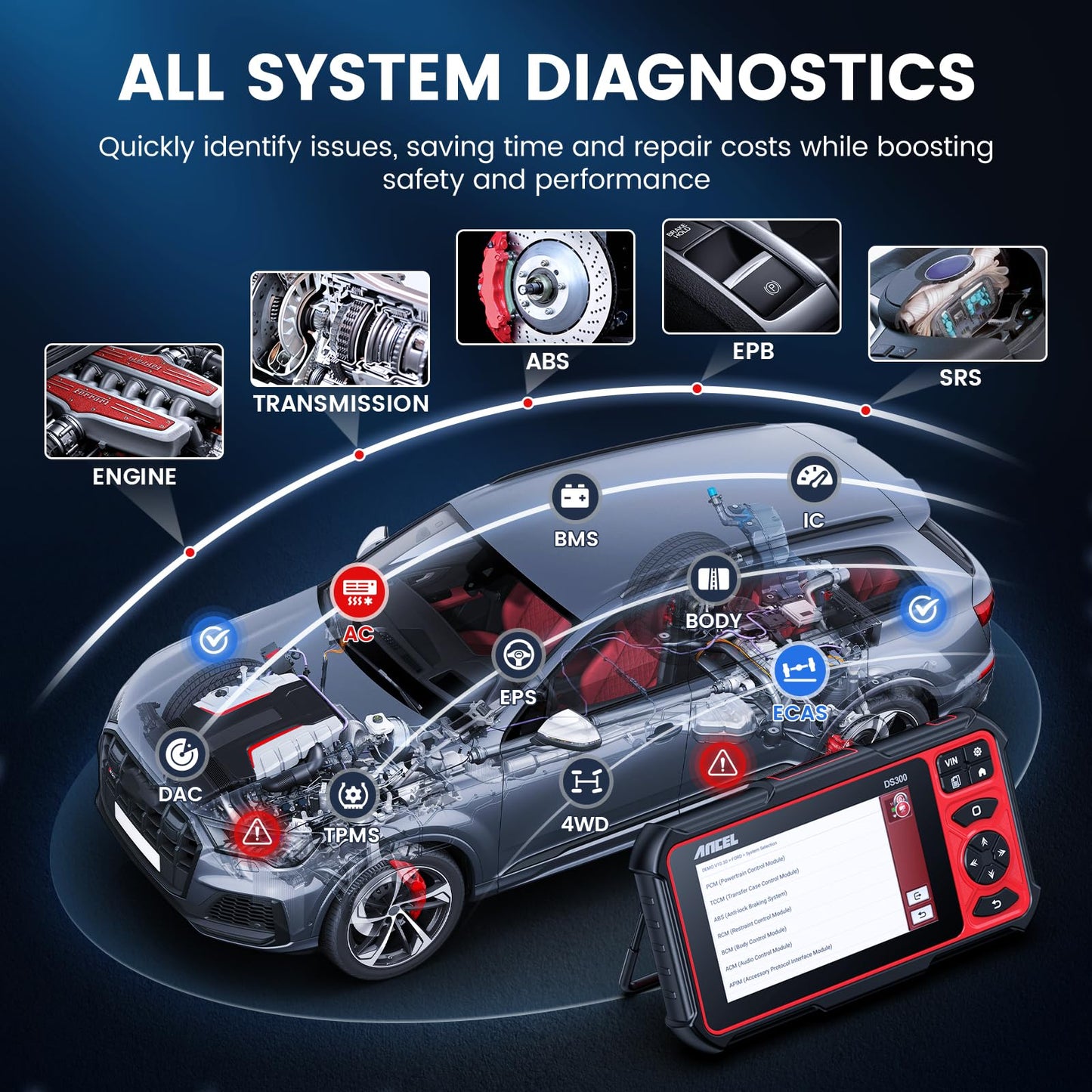 ANCEL DS300 Bi-Directional OBD2 Scanner with 30+ Resets & Full System Diagnostics