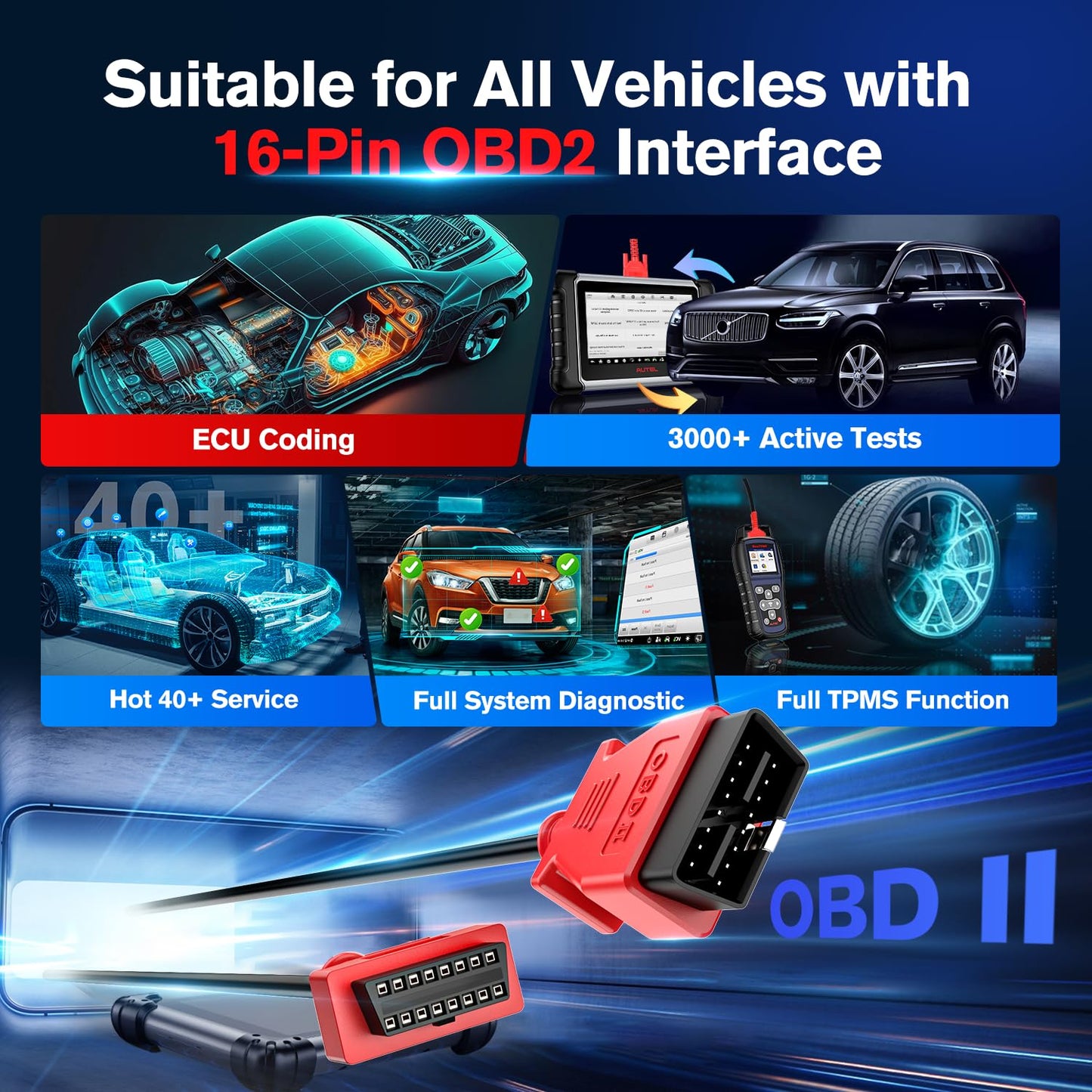 Autel 10ft OBD2 Extension Cable – 16 Pin OBD II Diagnostic Extender