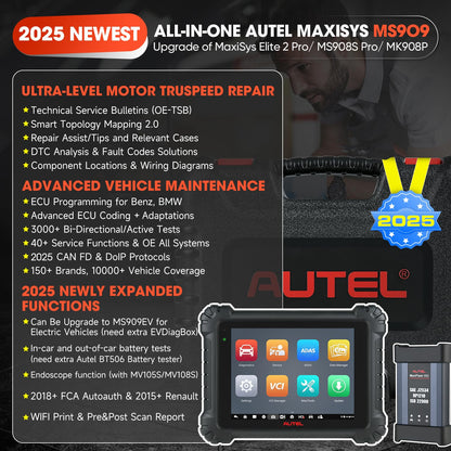 Autel MaxiSys MS909 Scanner 2025 – Intelligent ECU Coding & 40+ Services