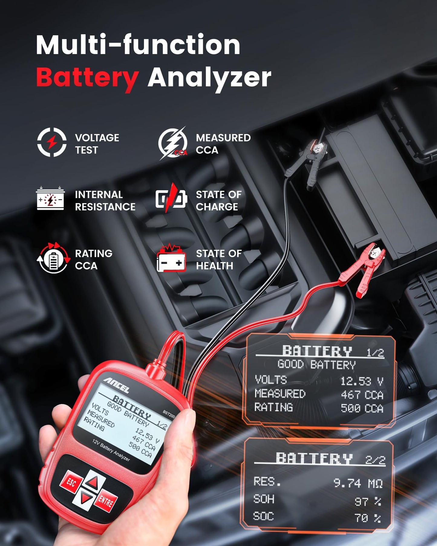 ANCEL BST200 12V Car Battery Tester for Cars, Trucks, SUVs, Boats