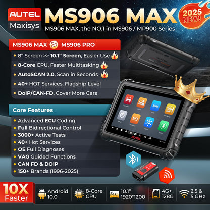 Autel Scanner MaxiSys MS906 MAX, 2025 MS906MAX 10.1 Inch Up of MS906 PRO/MP900BT/MS908S PRO/ MK900BT, Advanced ECU Coding, Bi-Directional 3000+Tests 40+ Services, CAN FD & DoIP VAG Guided, 150+ Brans