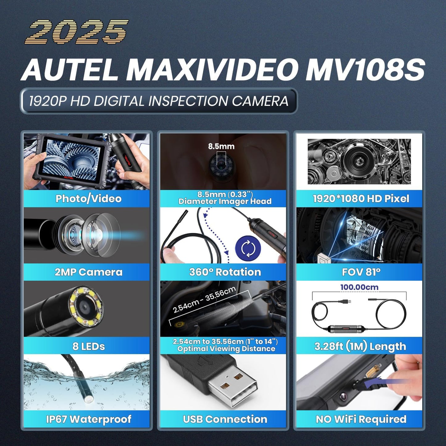 Autel MaxiVideo MV108S HD Inspection Camera – 8.5mm Endoscope 1920P