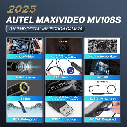 Autel MaxiVideo MV108S HD Inspection Camera – 8.5mm Endoscope 1920P