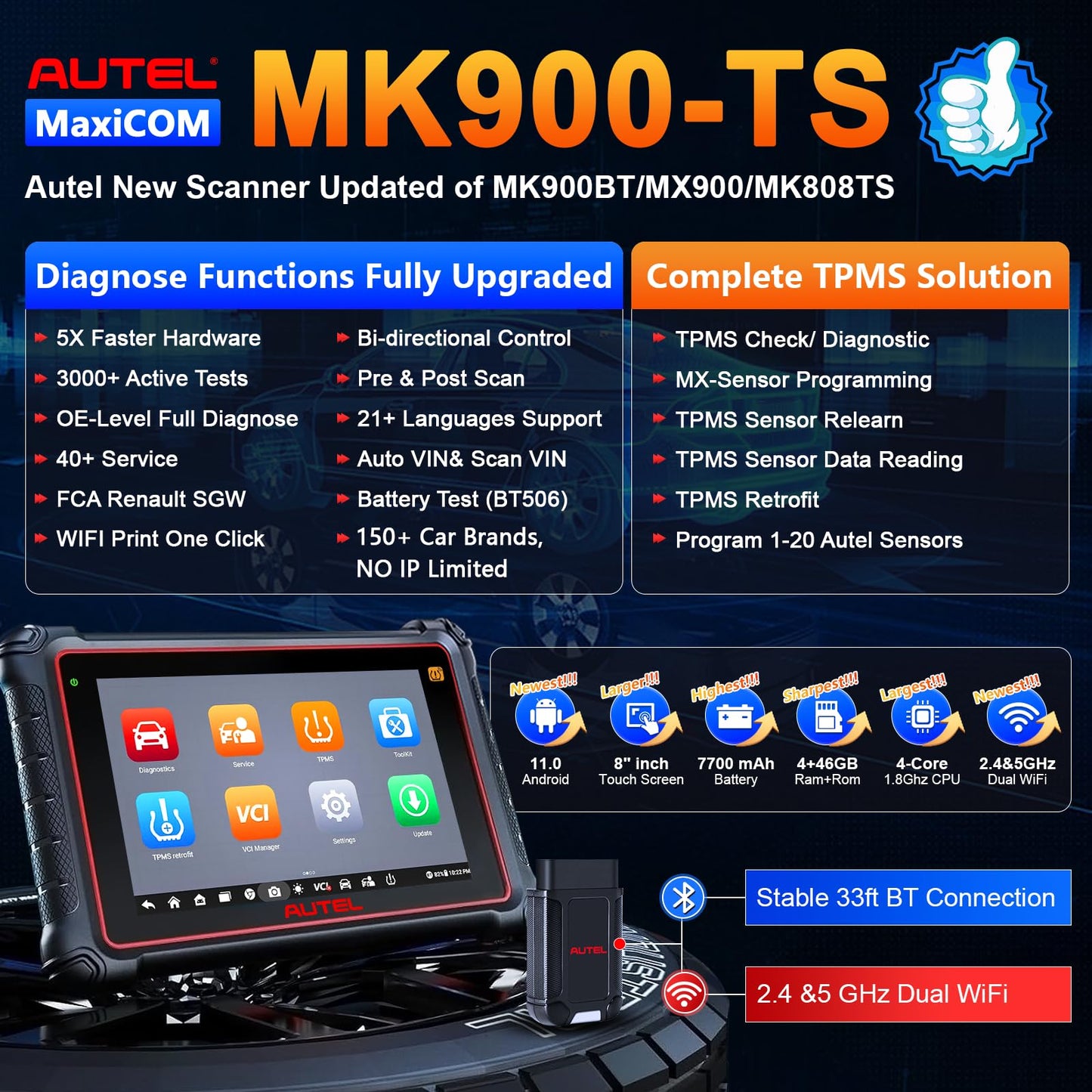 Autel MaxiCOM MK900-TS 2024 Scanner with Full TPMS & MV108S Endoscope