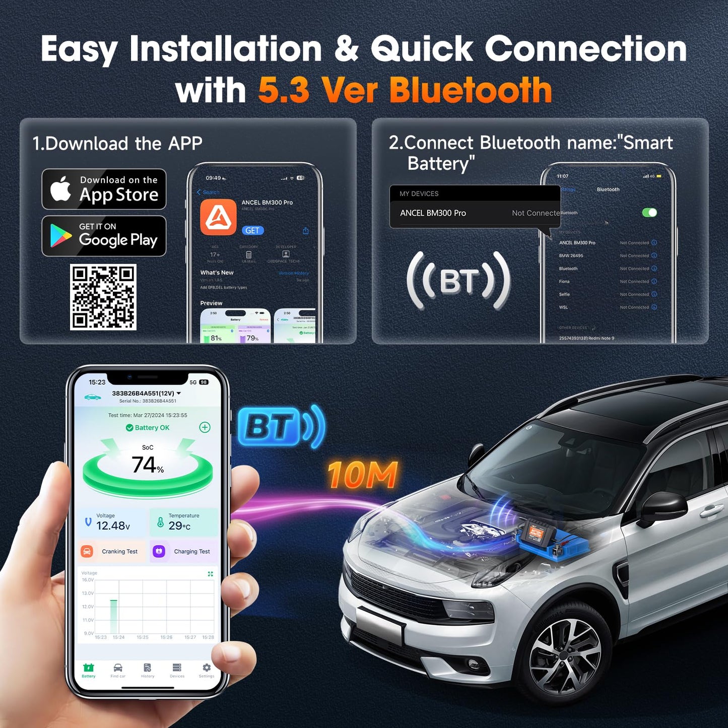 ANCEL BM300 Pro Bluetooth 5.3 Battery Monitor 6V-24V with IP67 Waterproof