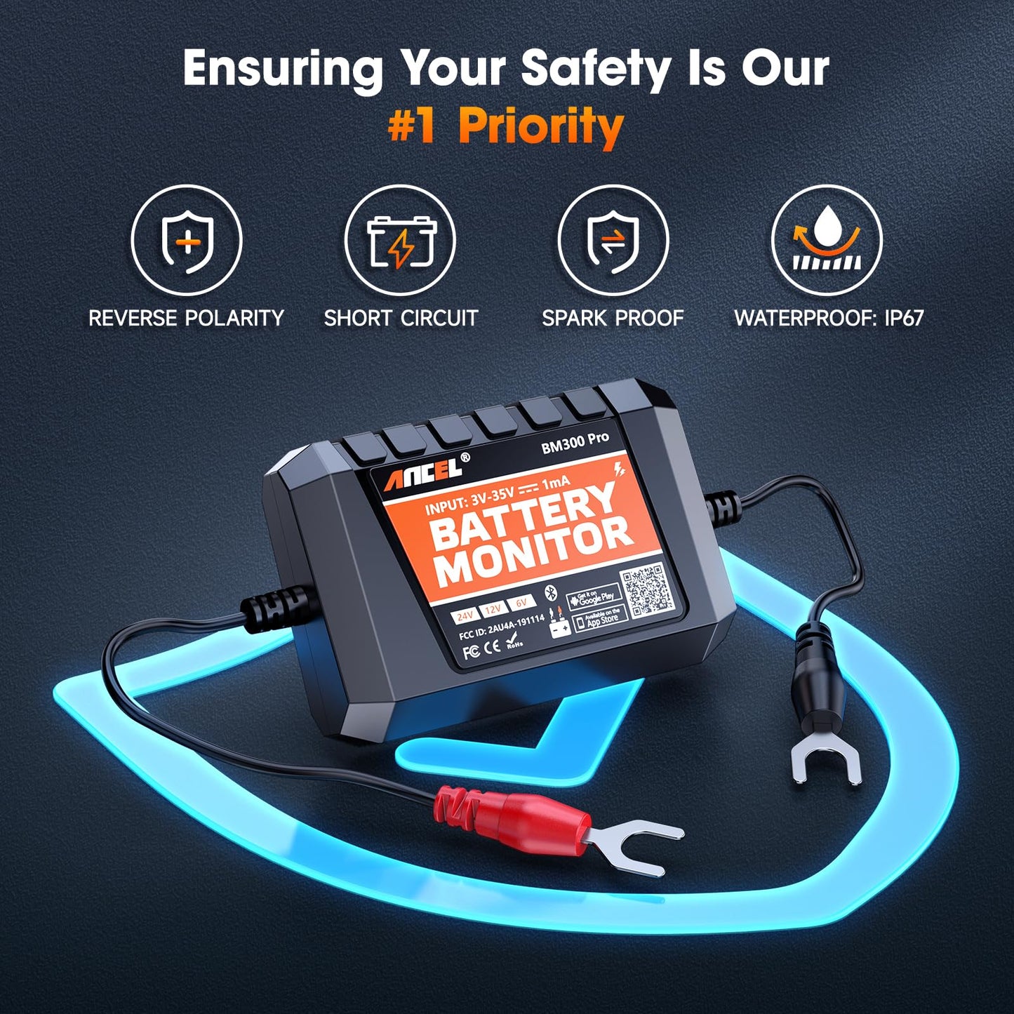 ANCEL BM300 Pro Bluetooth 5.3 Battery Monitor 6V-24V with IP67 Waterproof