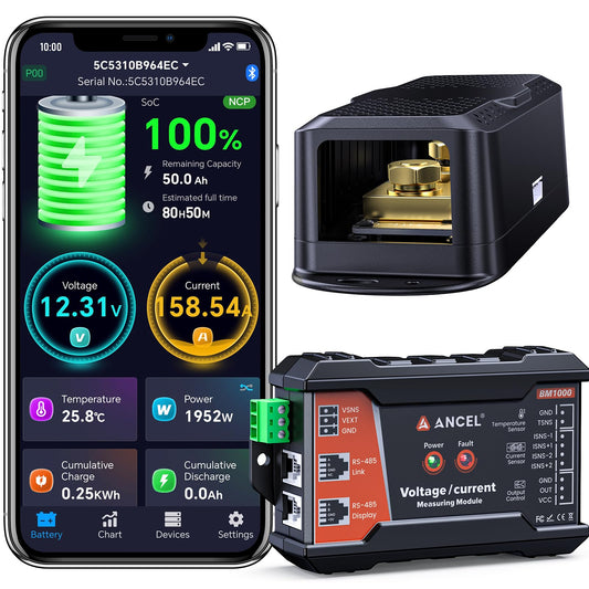 ANCEL BM1000 Bluetooth 400A Battery Monitor for RV, Marine & Solar Systems