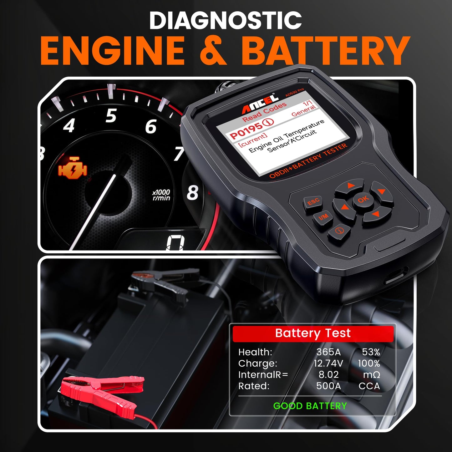 ANCEL AD530 PRO 2-in-1 OBD2 Scanner & Battery Tester for 1996+ Cars