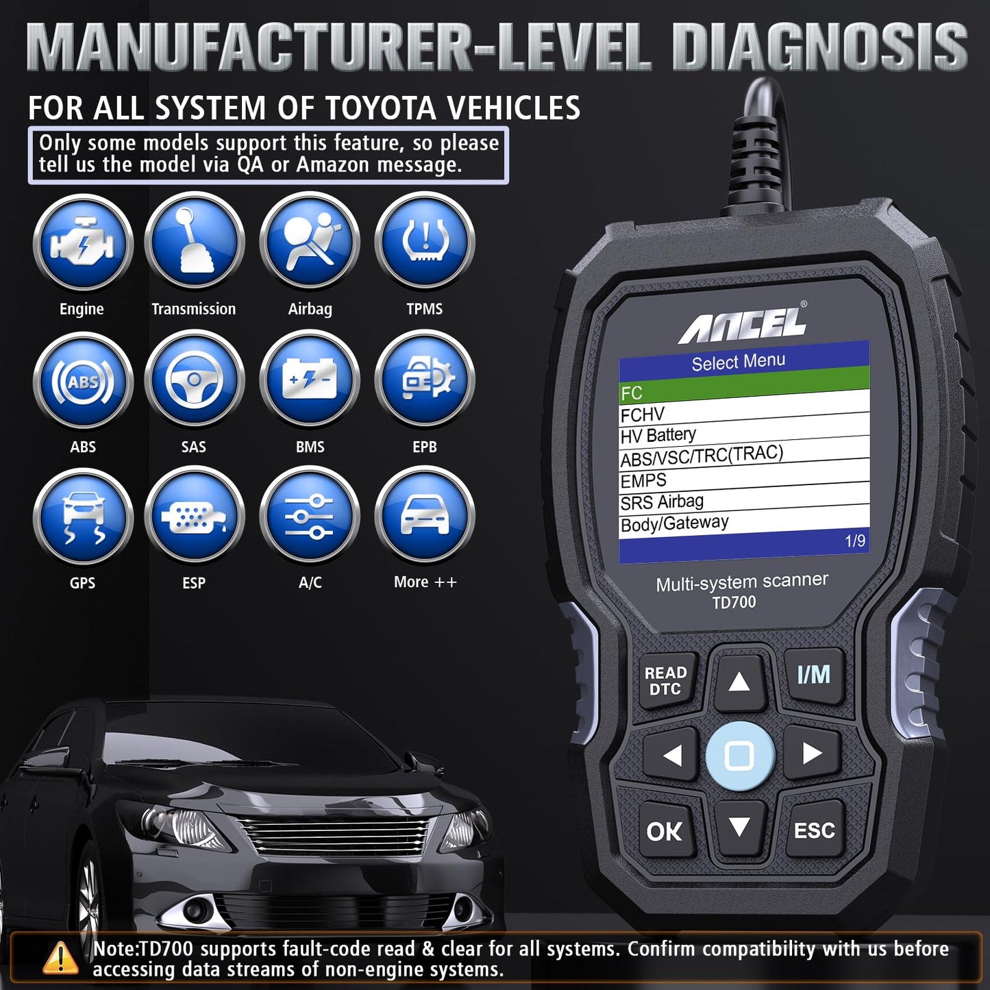 ANCEL TD700 OBD2 Scanner for Toyota Lexus Scion | Full System Code Reader