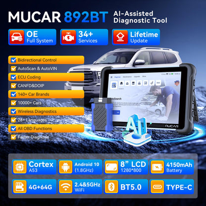 MUCAR 892BT AI OBD2 Scanner with ECU Coding & 34 Services