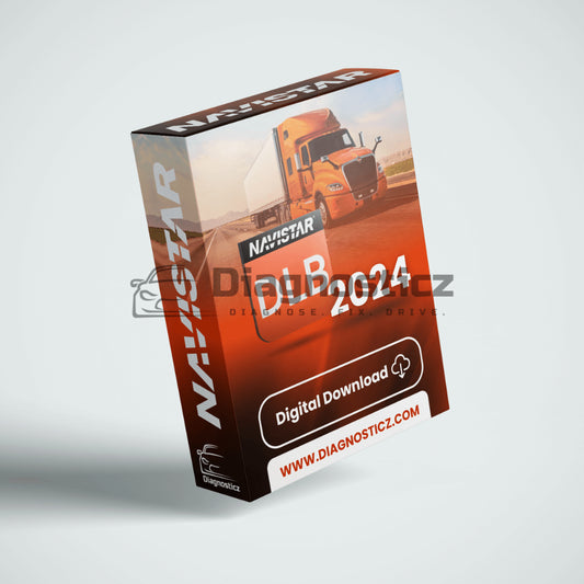 Mechanic programming electrical logic with DLB 2024 on laptop inside an International truck