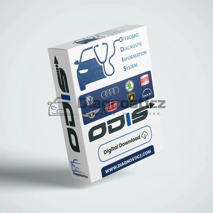 ODIS (Offboard Diagnostic Information System) packaging with car logos on a light gray background