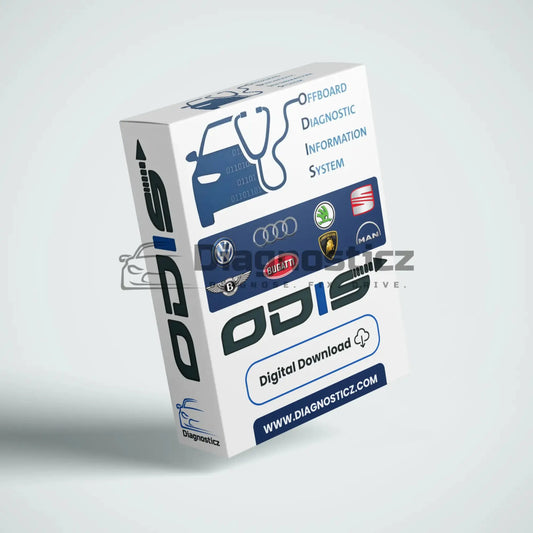 ODIS (Offboard Diagnostic Information System) packaging with car logos on a light gray background