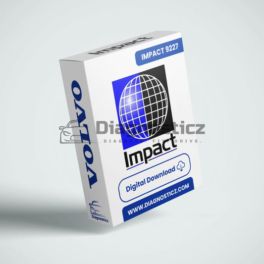 Box of Volvo Impact software with diagnostic website on a light gray background